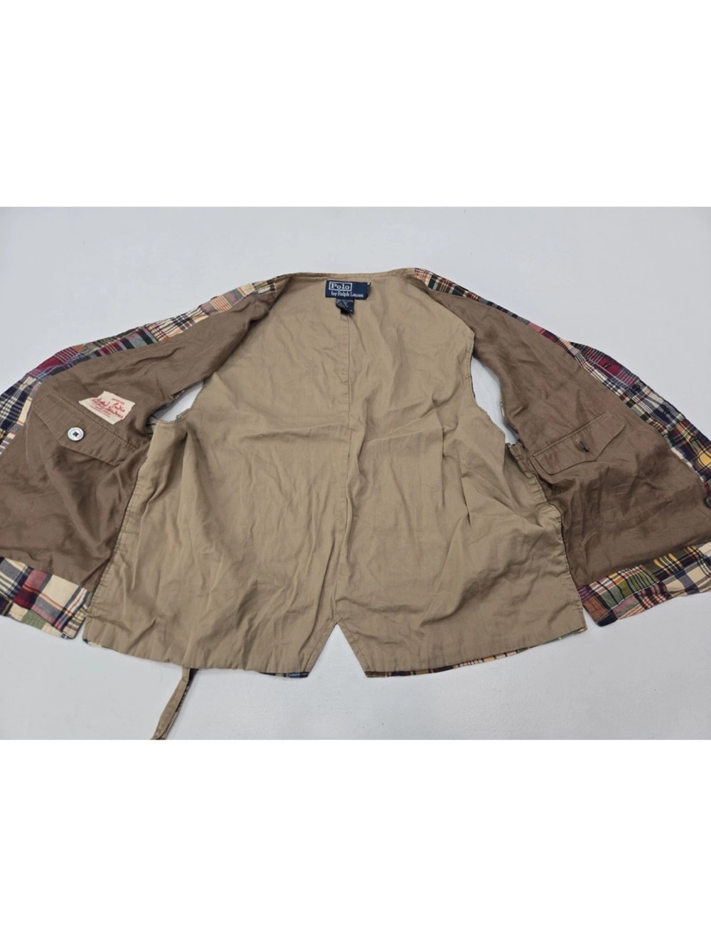 Polo Ralph Lauren India Madras Plaid Patchwork Vest Cinch Back Size L Mens - Picture 8 of 10